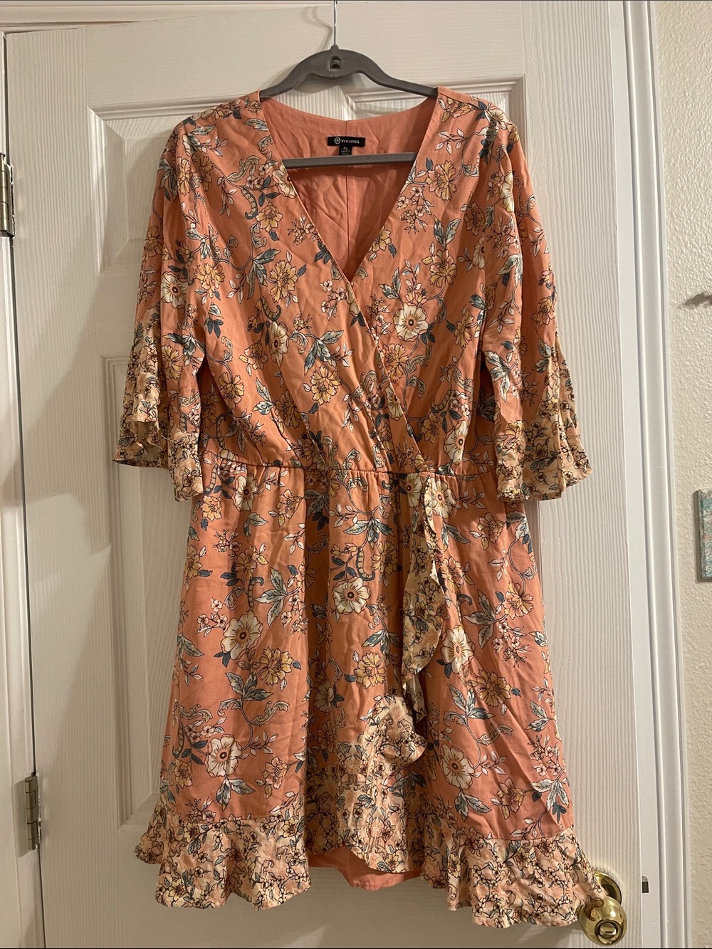 Versona Floral Wrap Mini Dress in Rust Pink